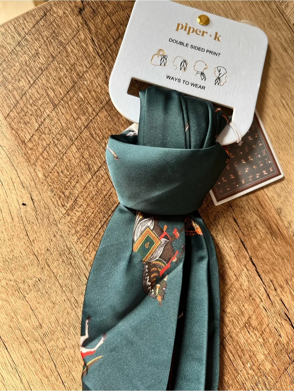 Piper K Equestrian Horse Print Silky Scarf NWT Double Sided Green Brown